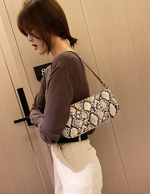 Fashion Khaki Pu Snake Print Shoulder Bag