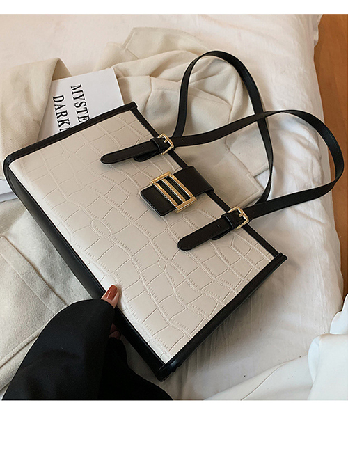 Fashion White With Black Crocodile Print Large Capacity Shoulder Bag