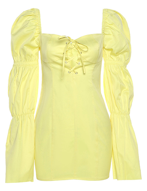 Fashion Yellow Square Neck Flared Sleeve Dress