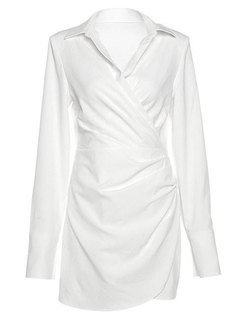 Fashion White Lapel Long Sleeve Micro Pleated Dress