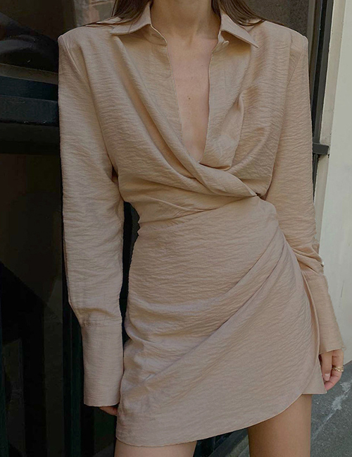 Fashion Khaki Lapel Long Sleeve Micro Pleated Dress
