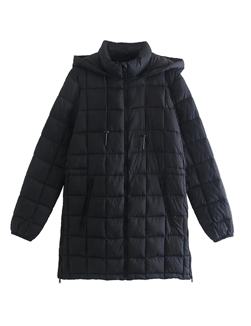 Fashion Black Checkered Hooded Cotton Coat