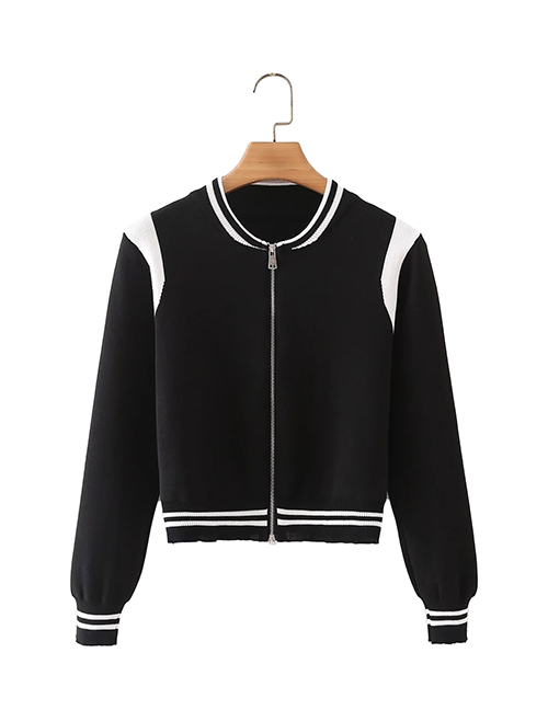 Fashion Black Color Block Zipper Jacket