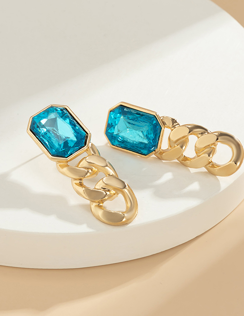 Fashion Gold Coloren Blue Diamond Alloy Geometric Square Diamond Chain Earrings