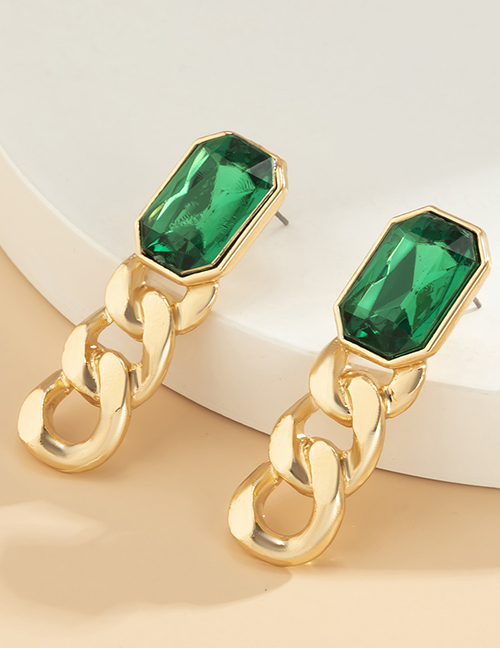 Fashion Gold Coloren Green Diamond Alloy Geometric Square Diamond Chain Earrings