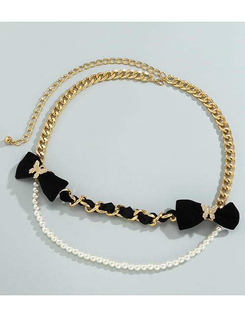 Fashion Black Flannel Flocking Bowknot Chain Pearl Stitching Winding Waist Chain