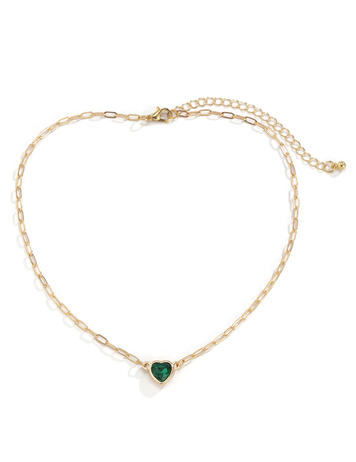 Fashion Gold Coloren Green Diamond Alloy Geometric Love Heart Hollow Chain Necklace