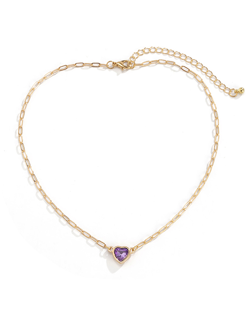 Fashion Gold Coloren Purple Diamond Alloy Geometric Love Heart Hollow Chain Necklace