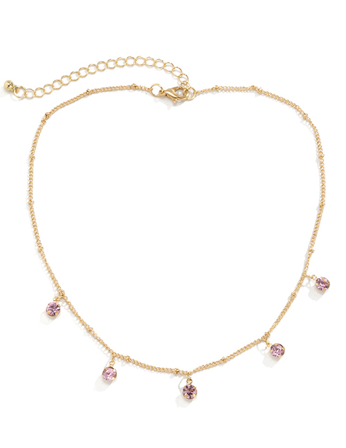 Fashion Gold Color Pink Diamond Metal Rhinestone Tassel Chain Necklace
