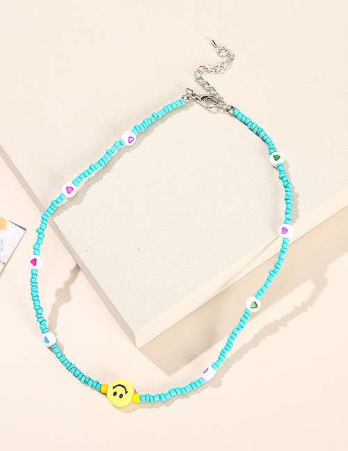 Fashion Lake Blue Rice Beads Beaded Smiley Necklace