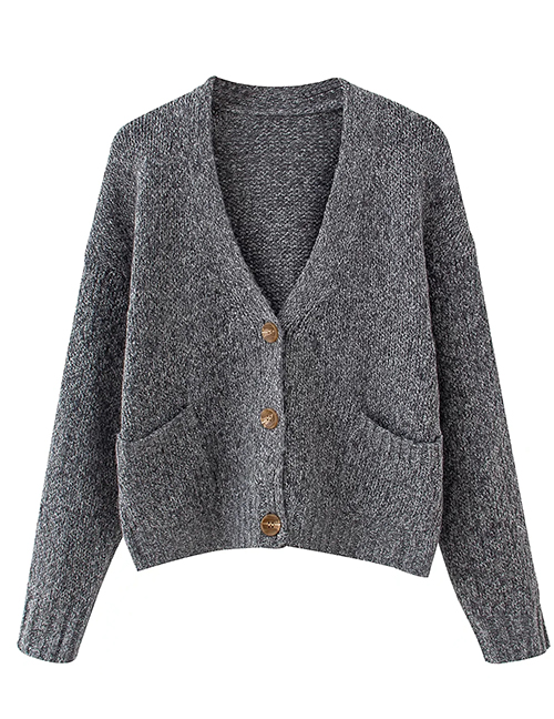 Fashion Grey V-neck Knitted Cardigan