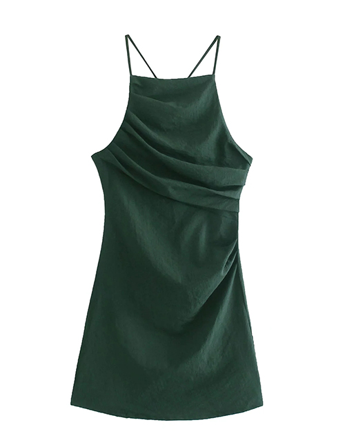 Fashion Green Cotton And Linen Sling Pleated Dress