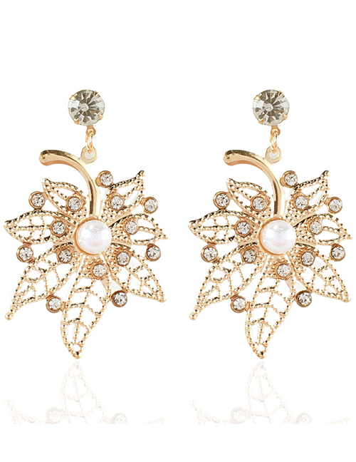 Fashion Gold Color Alloy Diamond Leaf Earrings