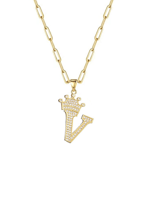 Fashion V 26 Letters Necklace With Copper Inlaid Zirconium Crown