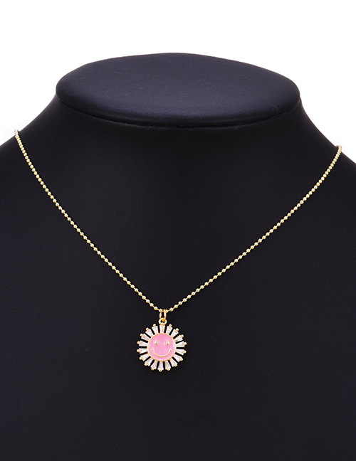 Fashion Pink Copper Inlaid Zirconium Drop Oil Round Smiley Face Necklace