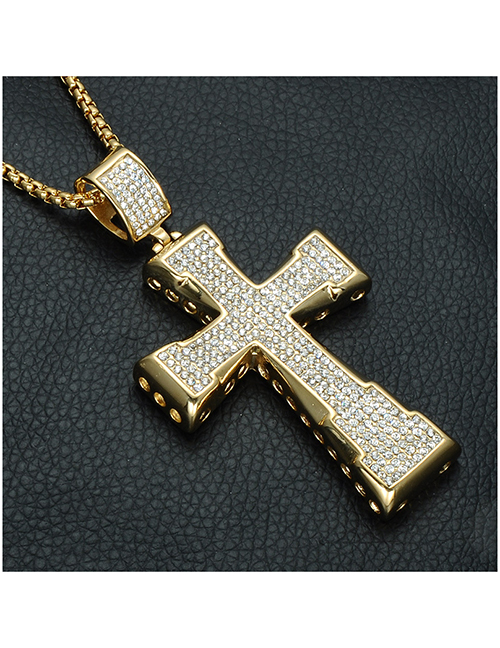 Fashion Gold (with Picture Chain) Stainless Steel Full Diamond Cross Necklace