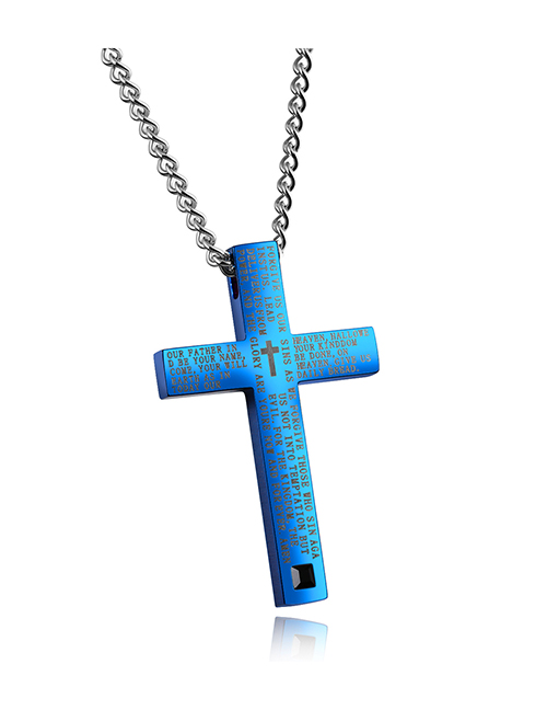 Fashion Blue (including Silver O-chain) Stainless Steel Scripture Cross Necklace