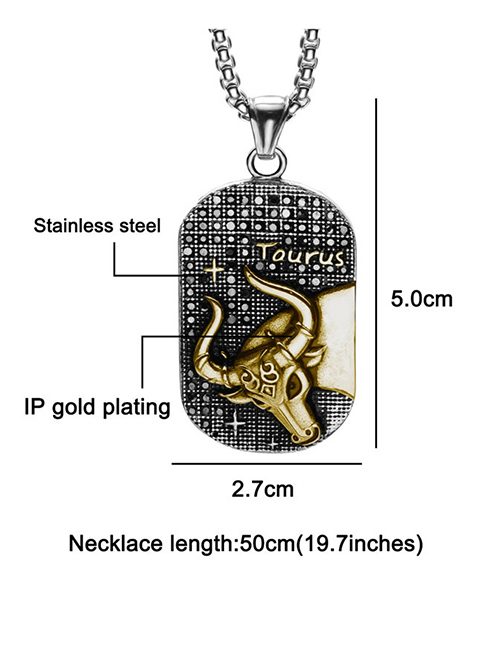 Fashion Golden Taurus (with Picture Chain) Stainless Steel Ancient Greek Zodiac Black Diamond Necklace