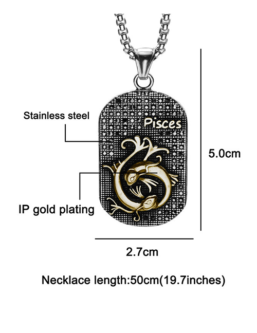 Fashion Golden Pisces (with Picture Chain) Stainless Steel Ancient Greek Zodiac Black Diamond Necklace