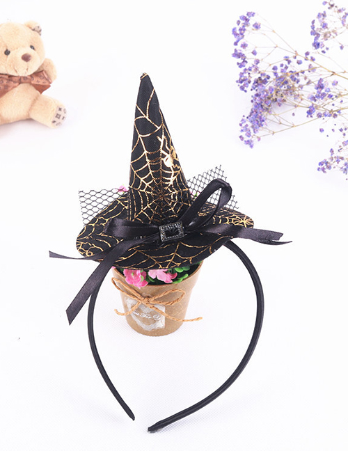 Fashion Black Pointed Hat Golden Spider Web Headband Halloween Pumpkin Pointed Hat Headband