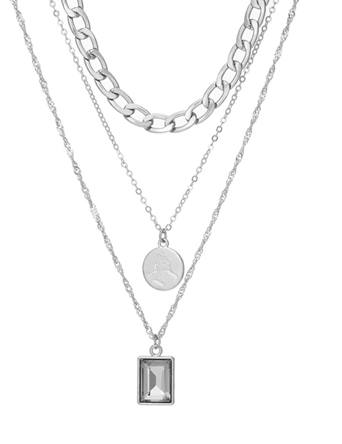 Fashion Silver Color Alloy Square Diamond Disc Multilayer Necklace