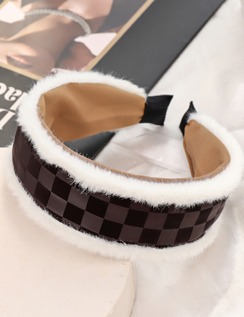 Fashion Brown Plush Pu Checkerboard Headband