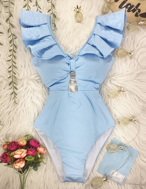 Fashion Light Blue Hollow Ruffled One-piece Swimsuit