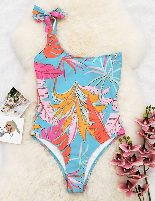 Fashion Blue Leaves One-shoulder Strap One-piece Printed Swimsuit