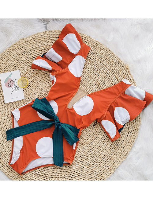 Fashion White Spots On Orange Background Polka Dot Printed Mesh Stitching Deep V One-piece Swimsuit