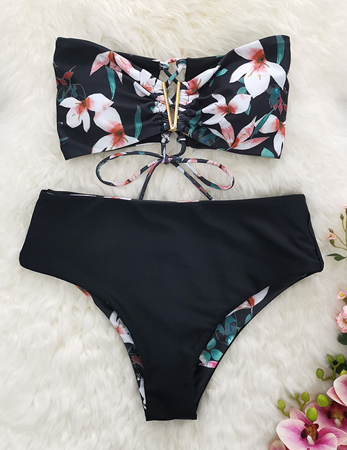 Fashion Black Powder And White Flowers Printed Tube Top Lace Split Swimsuit