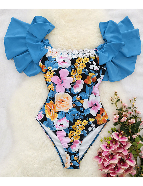 Fashion Pink Blue Flowers On Black Square Neck Lace Print One-piece Swimsuit
