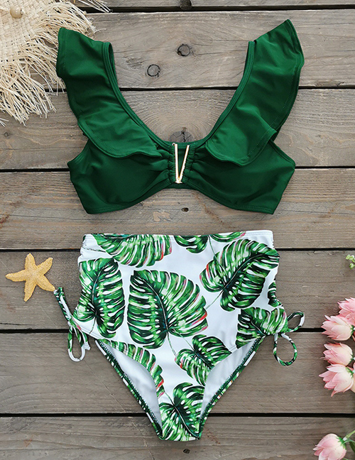 Fashion Green Top + Green Leaves Printed Deep V Strap Ruffled Split Swimsuit