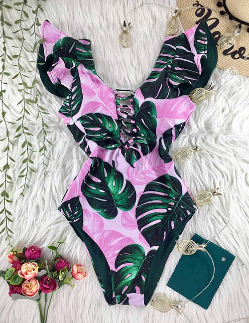 Fashion Pink Base Powder Green Leaves Printed Tie Ruffled One-piece Swimsuit