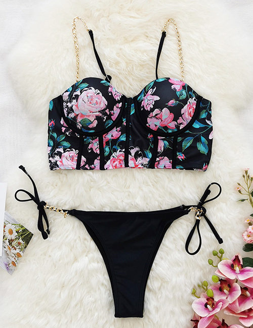 Fashion Black Pink Rose Chain Sling Print Split Swimsuit