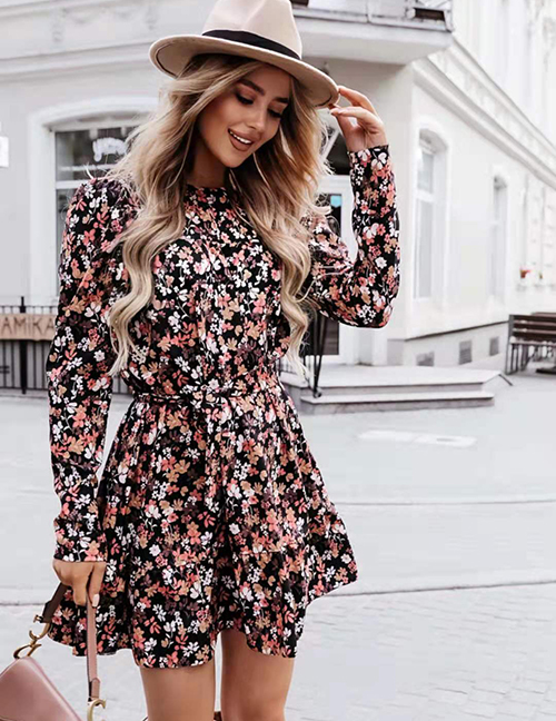 Fashion Black Coffee Floral Print Long-sleeved Lace-up Dress