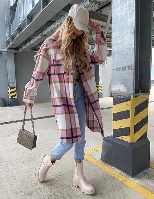 Fashion Pink Straight Check Single-breasted Coat
