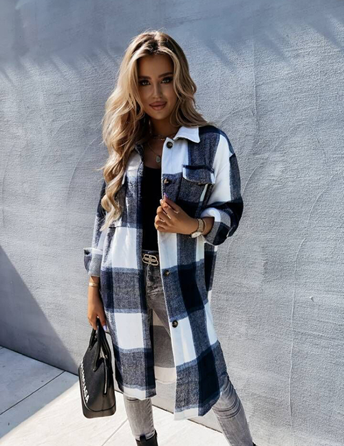 Fashion Black And White Straight Check Single-breasted Coat