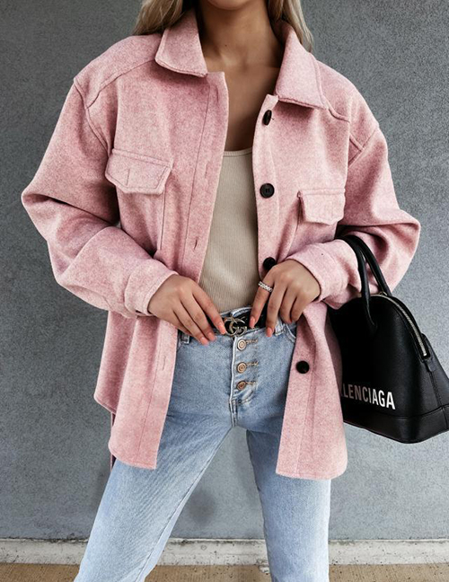 Fashion Pink Woolen Lapel Buttoned Jacket