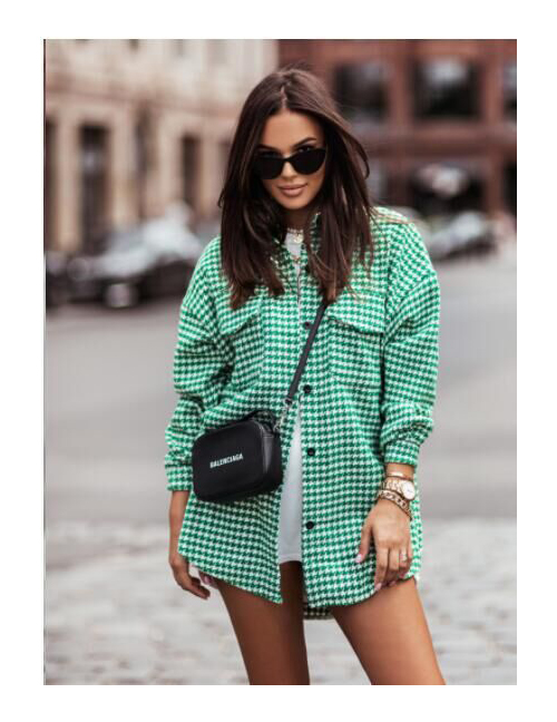 Fashion Green Checked Buttoned Lapel Coat