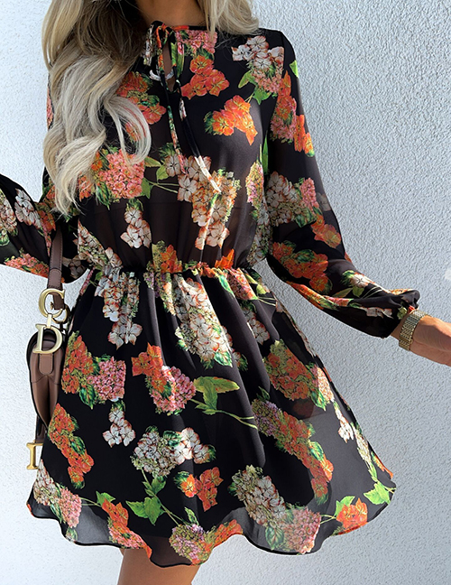 Fashion Orange Blossom Chiffon Print Long Sleeve Dress