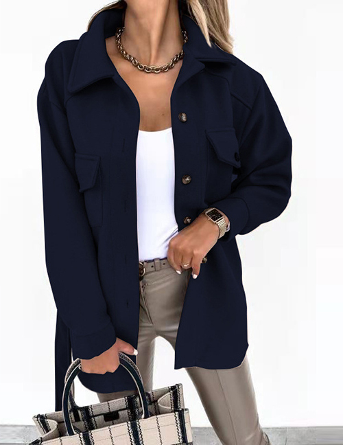 Fashion Dark Blue Woolen Lapel Lapel Jacket