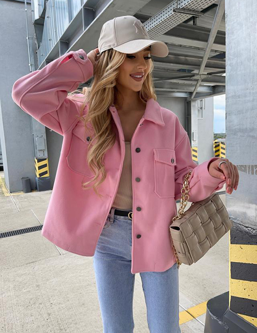 Fashion Pink Single-breasted Woolen Coat