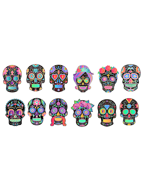 Fashion Symphony Flower Skull Scratch Card Set Of 12 (set Of 12 Scratch Cards + 12 Pens + 12 Ribbons) Children's Halloween Skull Scratch Drawings 12 Pictures