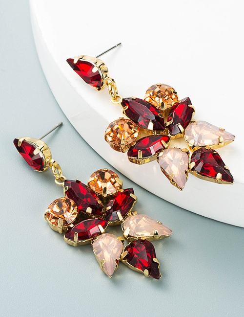 Fashion Red Color Alloy Diamond Geometric Earrings