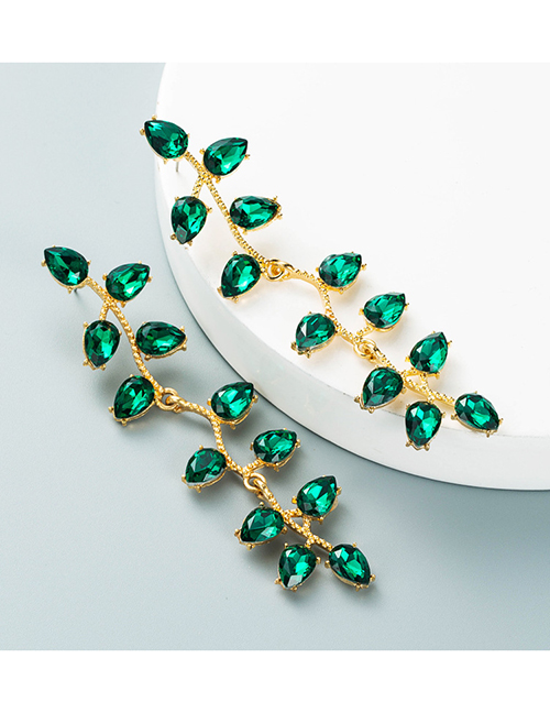 Fashion Green Alloy Inlaid Colorful Diamond Drop Diamond Leaf Flower Earrings
