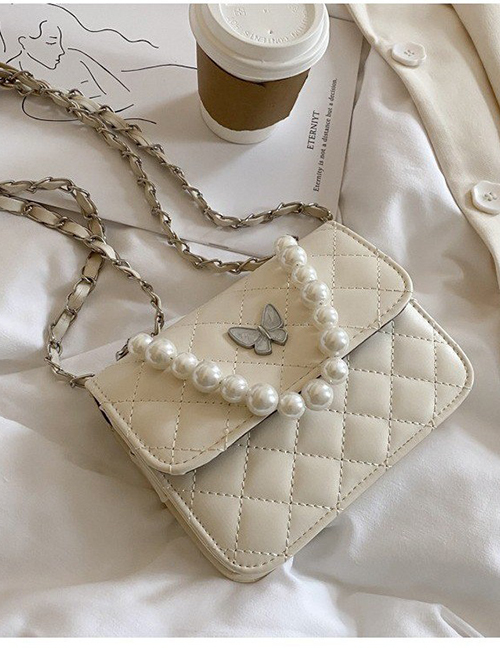 Fashion White Pearl Rhombus Embroidery Thread Butterfly One-shoulder Messenger Bag