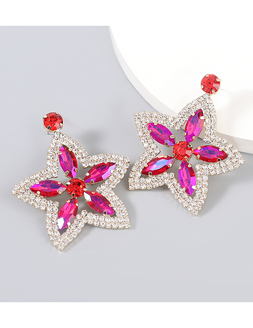 Fashion Rose Red Alloy Inlaid Rhinestone Star Stud Earrings