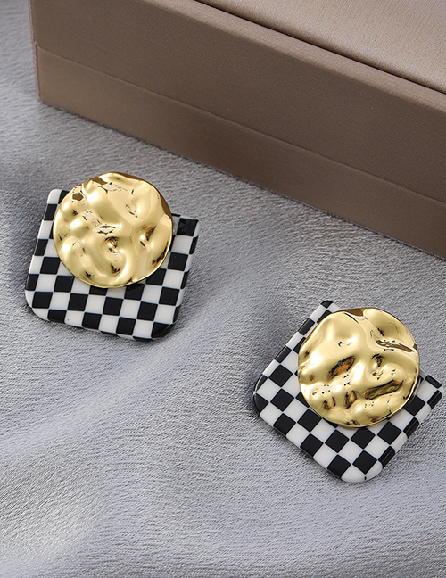 Fashion Gold Geometric Black And White Checkered Earrings
