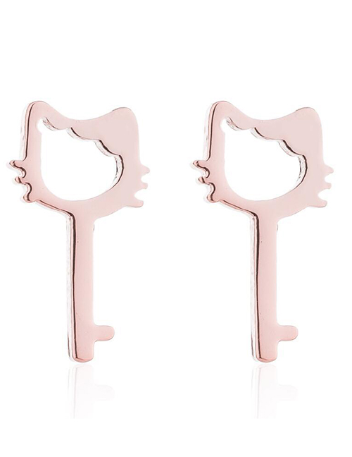 Fashion Rose Stainless Steel Key Hollow Cat Earrings