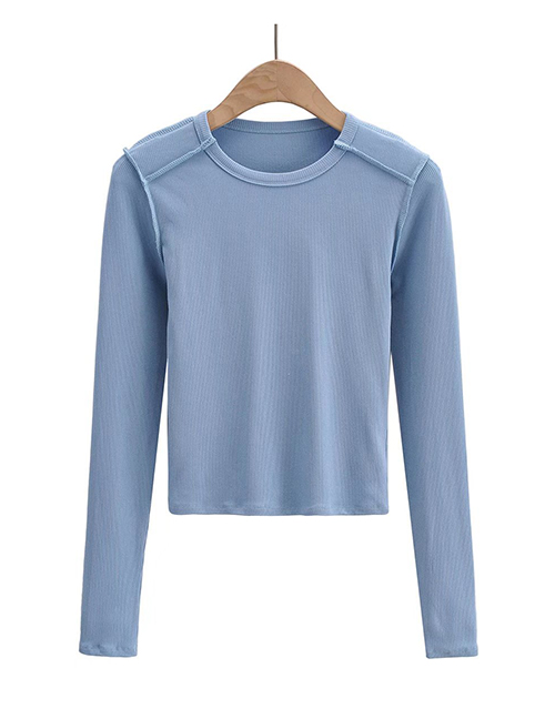 Fashion Blue Solid Color Stitching Long-sleeved Blouse